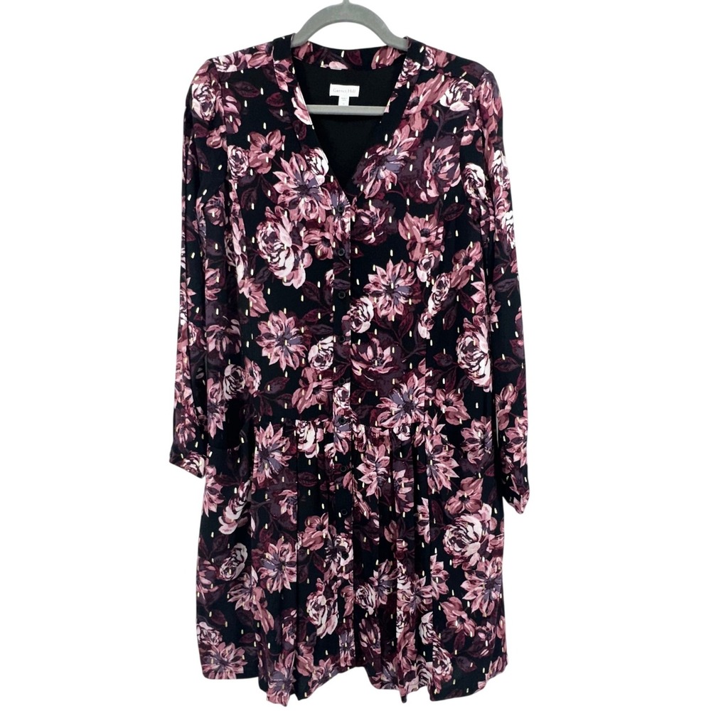 Garnet Hill Floral Button Front Dress Drop Waist Pleated Dark Romantic Cottage‎